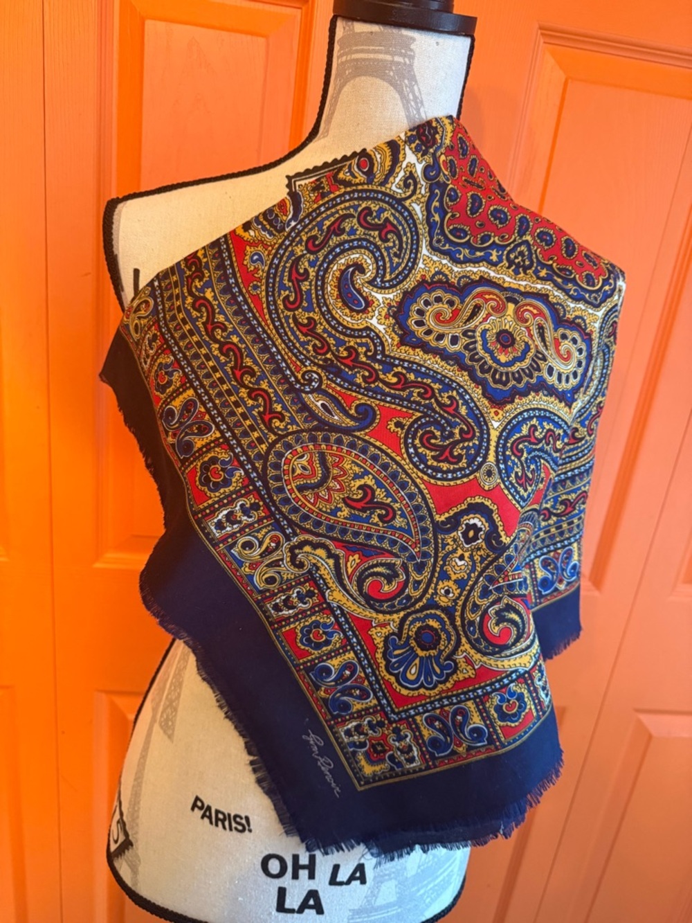 Paisley Print Square Scarf in Navy, Red & Gold